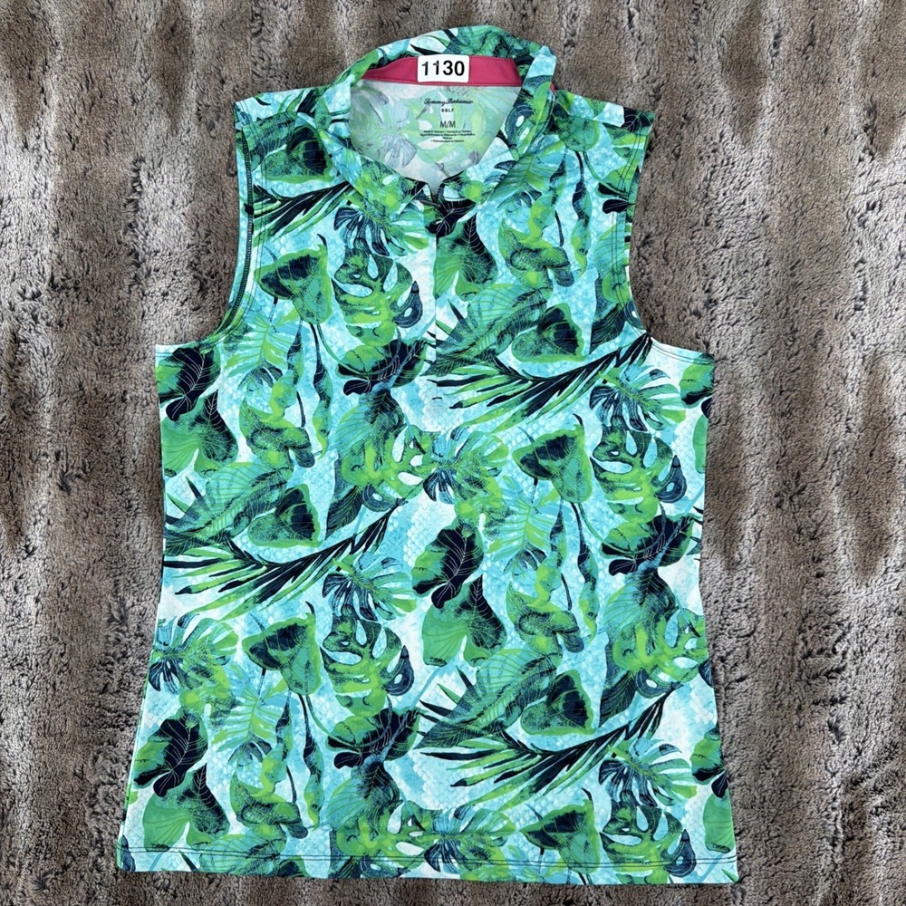 Tommy Bahama Golf Sleeveless Polo  Womens Medium Green Leaf Print Activewear